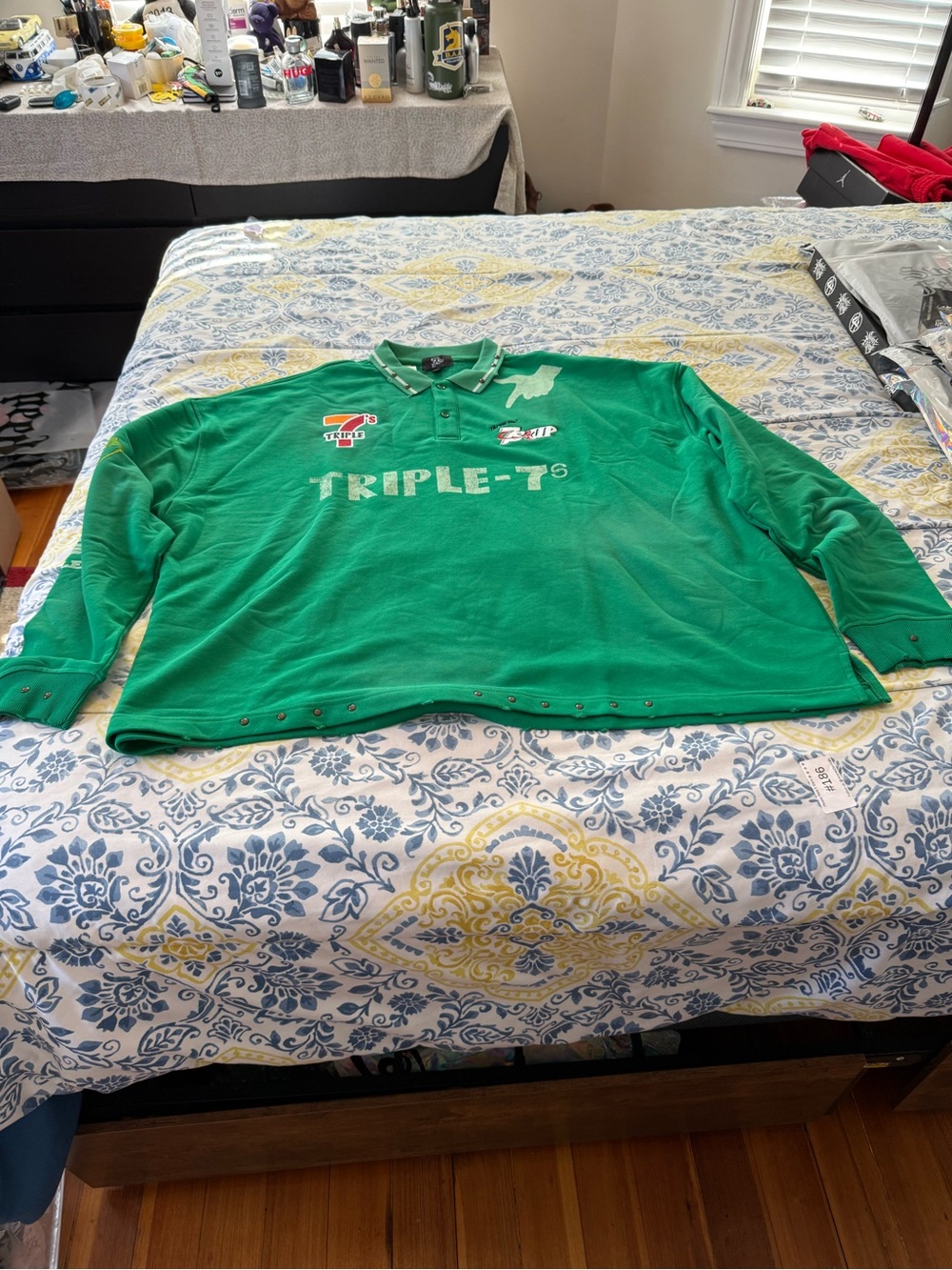 Triple 7 Bright Green Polo Long Sleeve Shirt with Accent Stripes